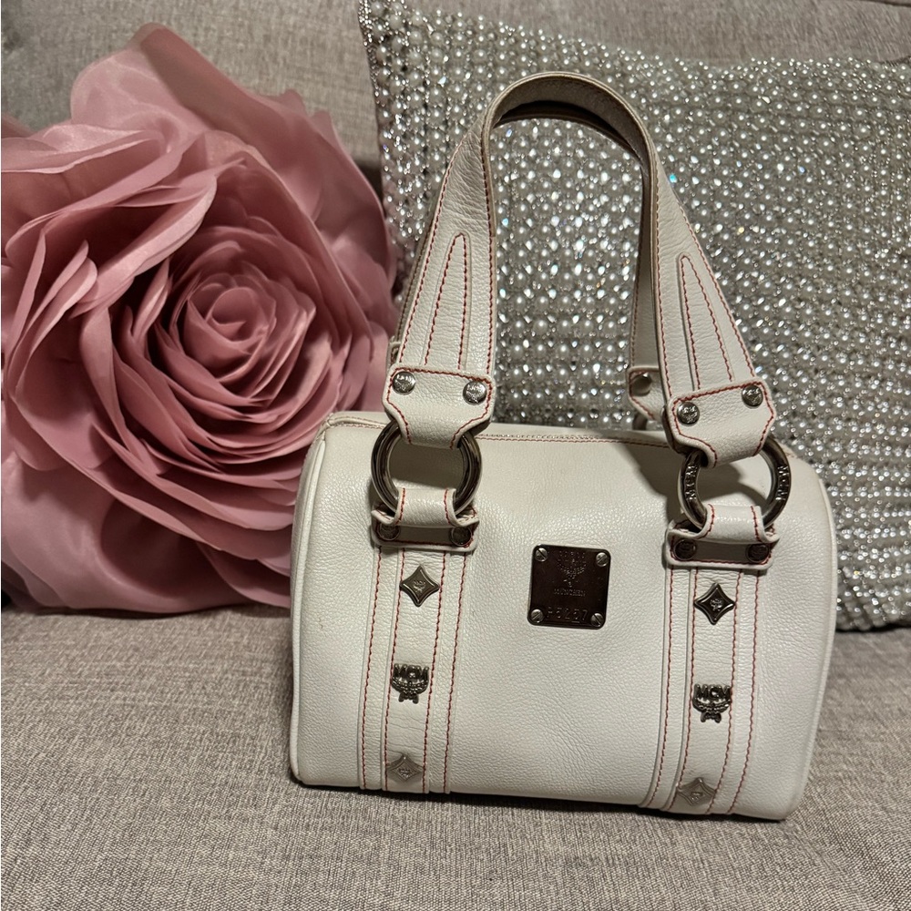 MCM Cream Satchel with Silver Accents